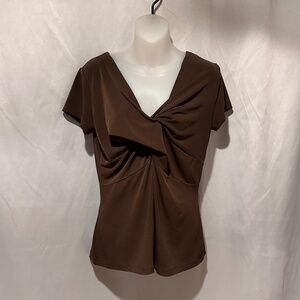 Brown Surplice Wrap Short Sleeve Dressy Top Size M